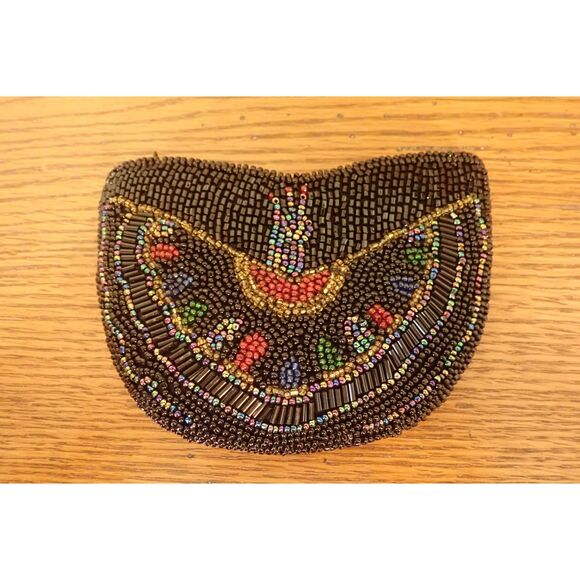 Beaded Sequin Black Coin Purse Seed Bead Coin Pouch Ornate - Picture 2 of 5